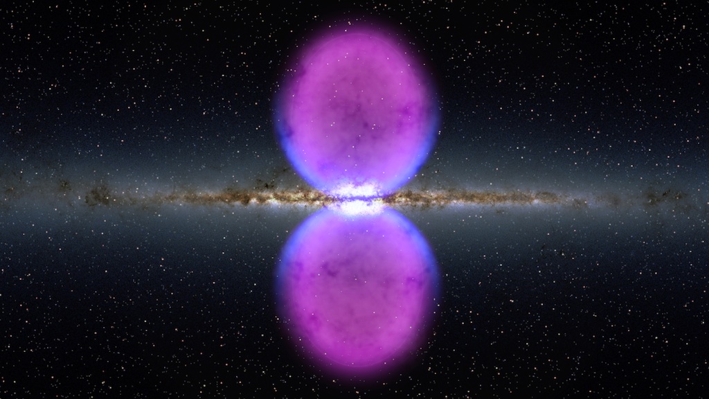 On the dark background with white dots, the blurred brown line with a halo divides the image horizontally. Two purple ovals are placed below and above the center of the line. Where the ovals touch, the brown line glows white. The outer edges of the ovals near the brown line glow blue.